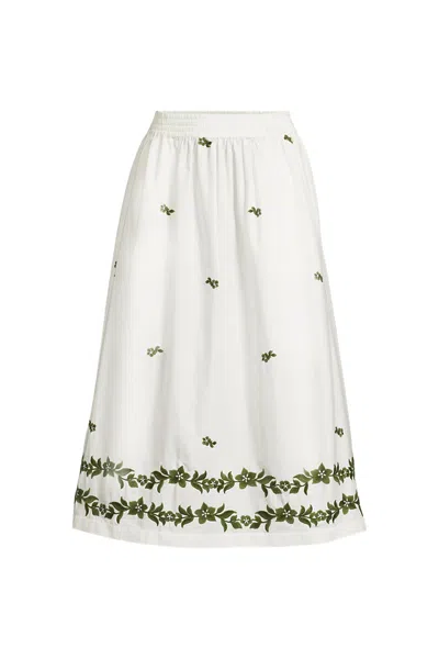 Lands' End Women's Plus Size Poplin Smocked Embroidered High Rise Midi Skirt In White