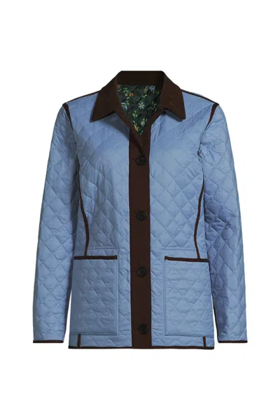 Lands' End Women's Plus Size Print Reversible Barn Quilted Insulated Jacket In Blue