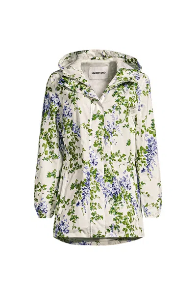 Lands' End Women's Plus Size Print Waterproof Hooded Packable Raincoat In Ivory