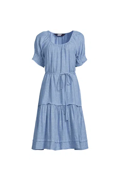 Lands' End Women's Plus Size Puff Sleeve Pleated Linen Knee Length Dress In Blue