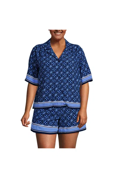 Lands' End Women's Plus Size Rayon Short Sleeve Camp Shirt In Blue