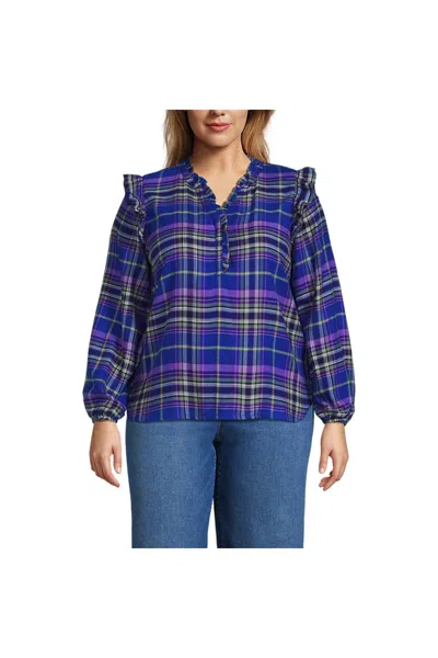 Lands' End Women's Plus Size Ruffle Front Flannel Popover Blouse In Blue