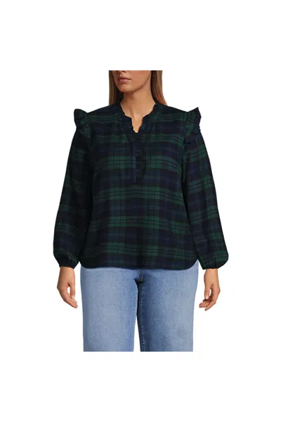 Lands' End Women's Plus Size Ruffle Front Flannel Popover Blouse In Green