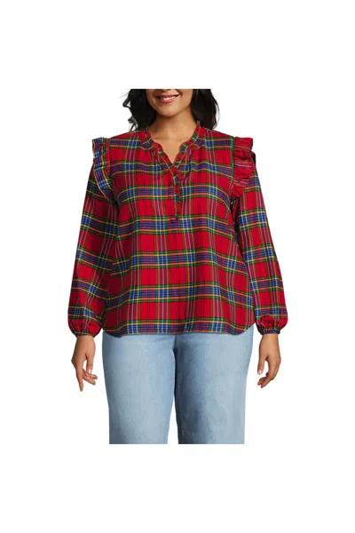 Lands' End Women's Plus Size Ruffle Front Flannel Popover Blouse In Red