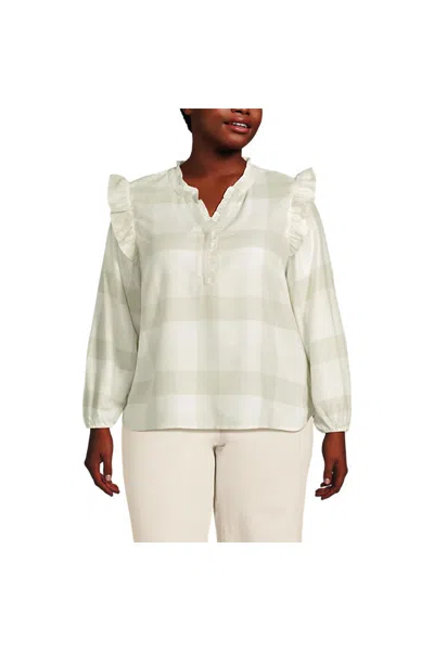 Lands' End Women's Plus Size Ruffle Front Flannel Popover Blouse In White