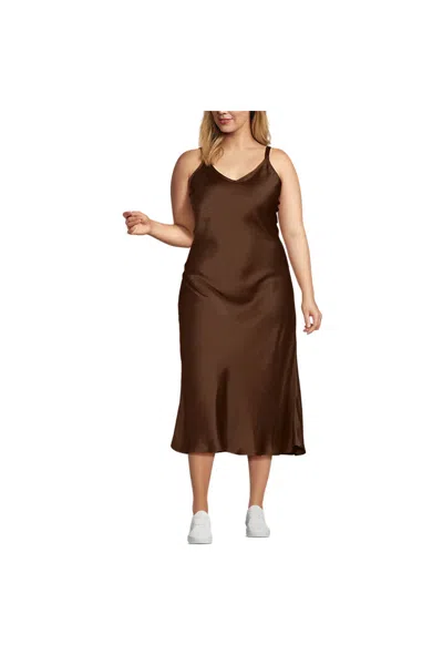 Lands' End Women's Plus Size Satin Slip Dress In Brown