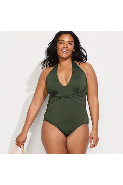 Lands' End Women's Plus Size Sculpting Suit Plunge Halter High Leg One Piece Swimsuit In Blue