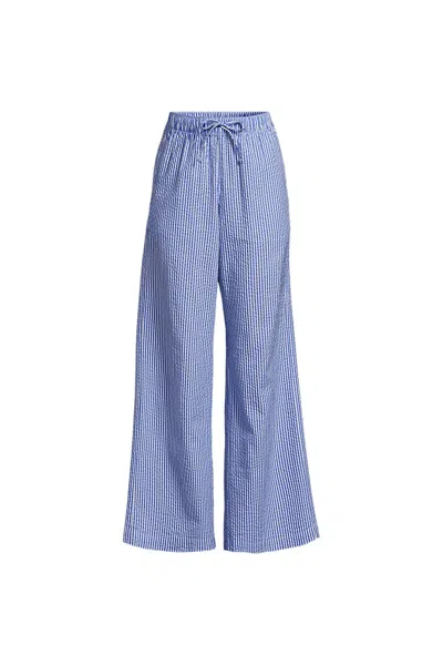 Lands' End Women's Plus Size Seersucker High Rise Drawstring Wide Leg Pants In Blue