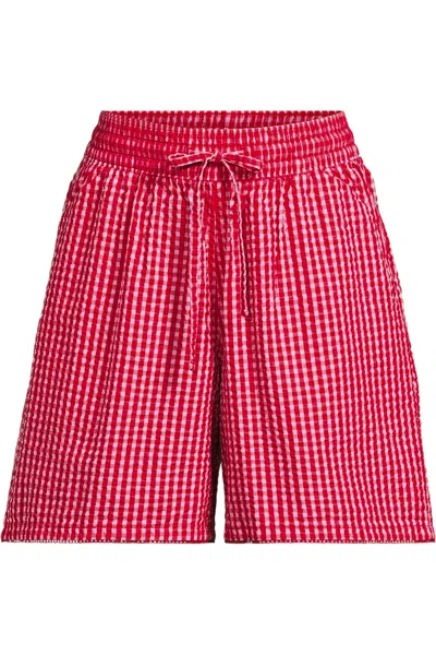 Lands' End Women's Plus Size Seersucker High Rise Pull On 7" Shorts In Red