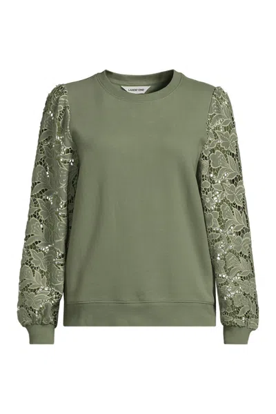 Lands' End Women's Plus Size Serious Sweats Lace Sleeve Sweatshirt In Green