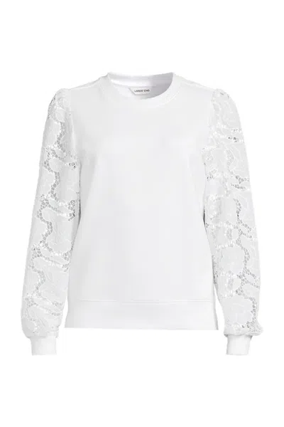 Lands' End Women's Plus Size Serious Sweats Lace Sleeve Sweatshirt In White