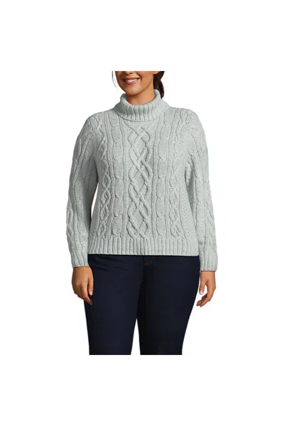 Lands' End Women's Plus Size Shine Boucle Cable Turtleneck Sweater In Gray