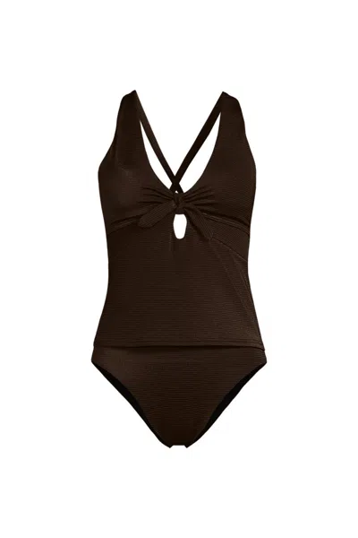 Lands' End Women's Plus Size Shine Ribbed Tankini Top And High Waisted Bottom Swimsuit Set In Brown