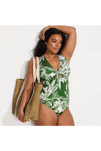 Lands' End Women's Plus Size Shine Ribbed Tankini Top And High Waisted Bottom Swimsuit Set In Green