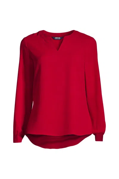Lands' End Women's Plus Size Shirred Long Sleeve Split Neck Blouse In Multi
