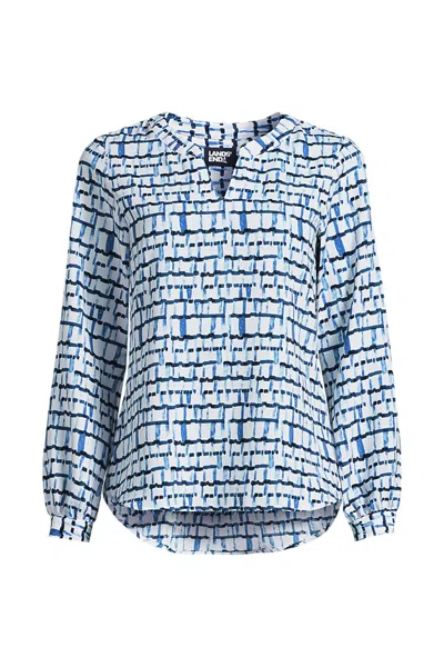 Lands' End Women's Plus Size Shirred Long Sleeve Split Neck Blouse In Blue