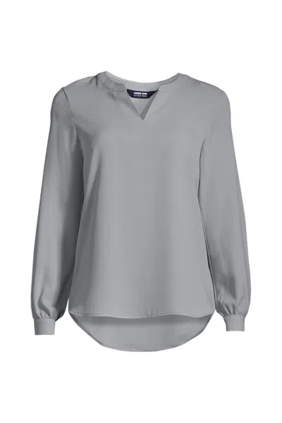 Lands' End Women's Plus Size Shirred Long Sleeve Split Neck Blouse In Gray