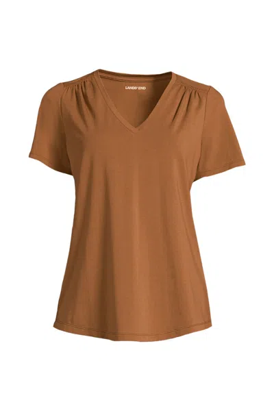 Lands' End Women's Plus Size Short Sleeve Lightweight Jersey Gathered Shoulder T-shirt In Brown