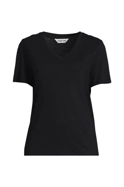 Lands' End Women's Plus Size Short Sleeve Linen Blend V-neck Tee In Black