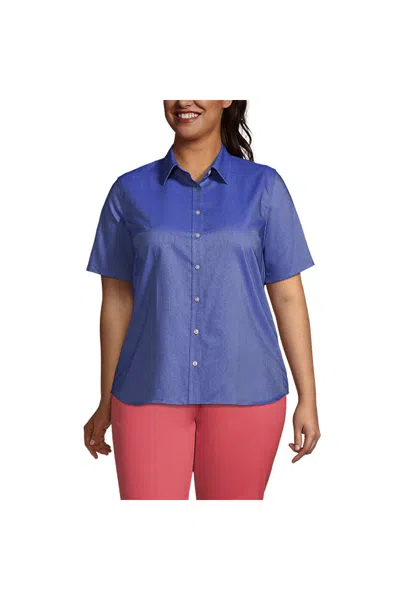 Lands' End Women's Plus Size Short Sleeve Oxford Shirt In Blue