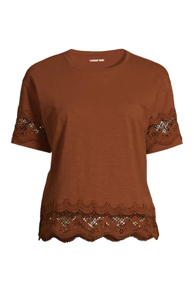 Lands' End Plus Size Short Sleeve Slub Jersey Cutwork T-shirt In Brown