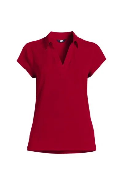 Lands' End Women's Plus Size Short Sleeve Split Neck Crepe Blouse In Red