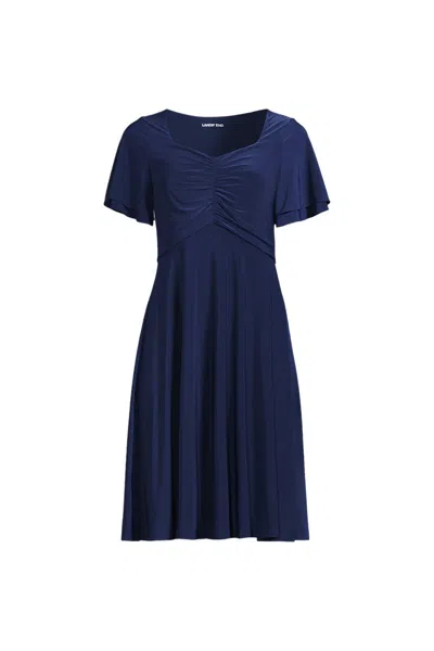 Lands' End Women's Plus Size Silky Knit V-neck Flutter Sleeve Knee Length Dress In Blue