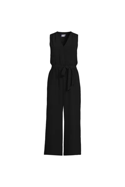 Lands' End Women's Plus Size Sleeveless Creaseless Wrap Jumpsuit In Black