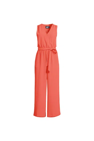 Lands' End Women's Plus Size Sleeveless Creaseless Wrap Jumpsuit In Orange
