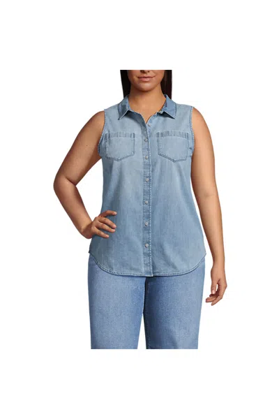 Lands' End Women's Plus Size Sleeveless Denim Button Front Shirt In Blue