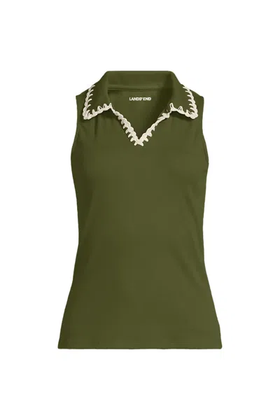 Lands' End Women's Plus Size Sleeveless Micro Rib Polo In Green