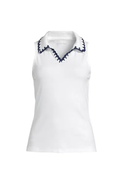 Lands' End Women's Plus Size Sleeveless Micro Rib Polo In White