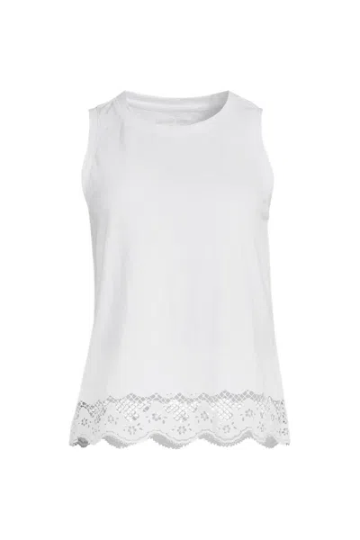 Lands' End Women's Plus Size Sleeveless Slub Crew Neck Lace Trim Tank Top In White