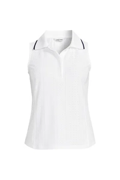 Lands' End Women's Plus Size Sleeveless Sunshad Eyelet Polo In White