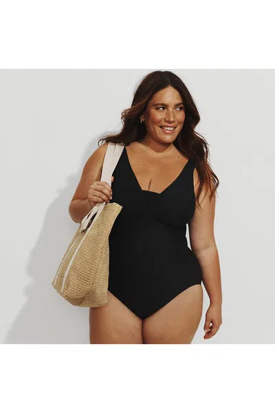 Lands' End Women's Plus Size Slendersuit Grecian Low Leg One Piece Swimsuit In Black