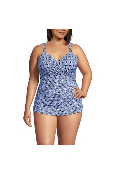 Lands' End Women's Plus Size Slendersuit V-neck Skirted Low Leg One Piece In Blue