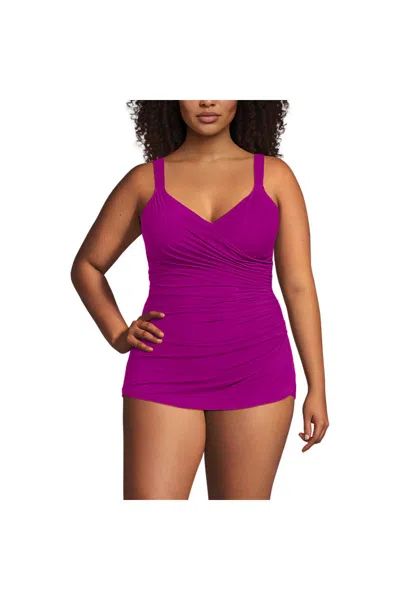 Lands' End Women's Plus Size Slendersuit V-neck Skirted Low Leg One Piece In Purple