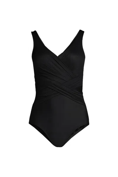 Lands' End Women's Plus Size Slendersuit Wrap One Piece Swimsuit In Black