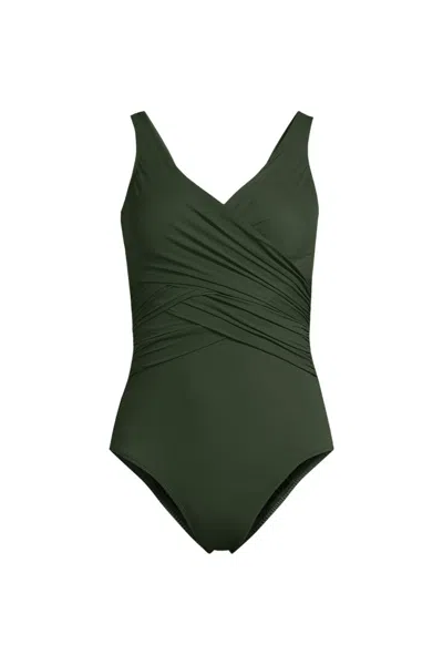 Lands' End Women's Plus Size Slendersuit Wrap One Piece Swimsuit In Green