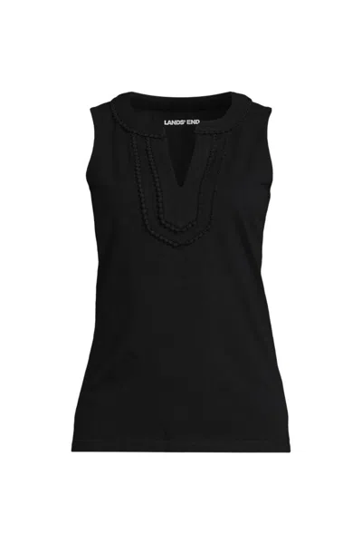 Lands' End Women's Plus Size Slub Decorative Trim Tank Top In Black