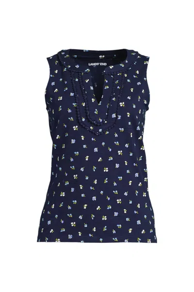 Lands' End Women's Plus Size Slub Decorative Trim Tank Top In Blue