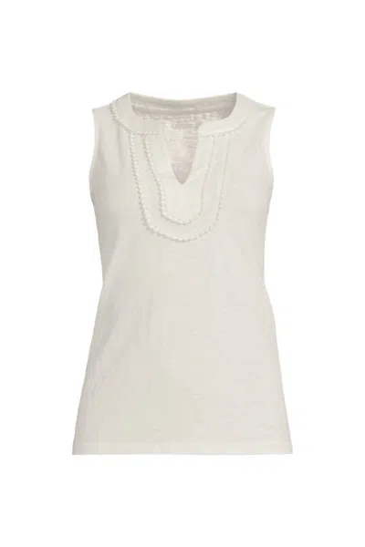 Lands' End Women's Plus Size Slub Decorative Trim Tank Top In Ivory