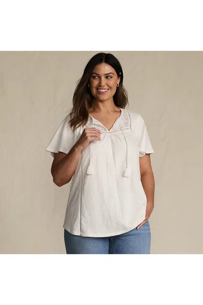 Lands' End Women's Plus Size Slub Flutter Sleeve Lace Trim Notch Neck Tunic Top In White