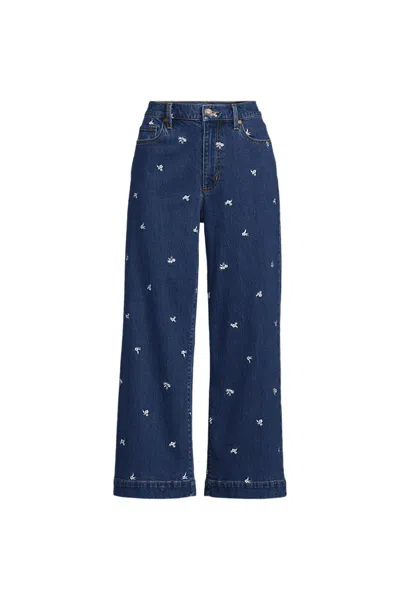 Lands' End Women's Plus Size Soft Denim High Rise Embroidered Wide Leg Crop Jeans In Blue