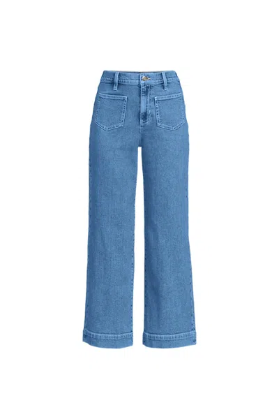 Lands' End Women's Plus Size Soft Denim High Rise Wide Leg Patch Pocket Crop Jeans In Blue