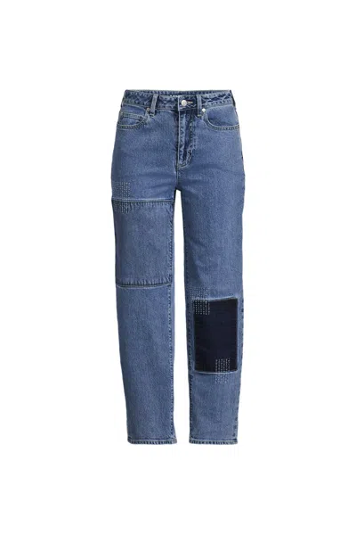 Lands' End Women's Plus Size Soft Denim Mid Rise Relaxed Straight Crop Patchwork Jeans In Blue