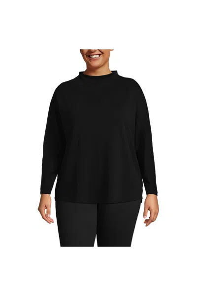 Lands' End Women's Plus Size Sport Knit Funnel Neck Top In Black