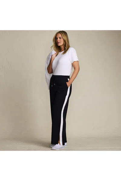 Lands' End Women's Plus Size Sport Knit High Rise Relaxed Straight Leg Side Stripe Pants In Black