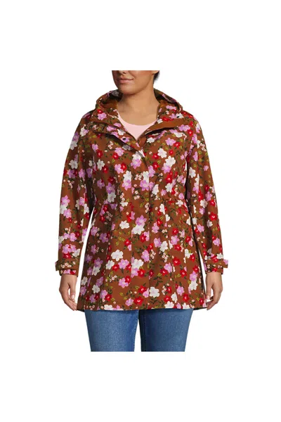 Lands' End Women's Plus Size Squall Hooded Waterproof Print Raincoat In Brown