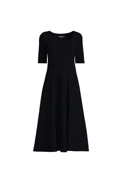 Lands' End Women's Plus Size Starfish Elbow Sleeve Midi Fit And Flare Dress In Black